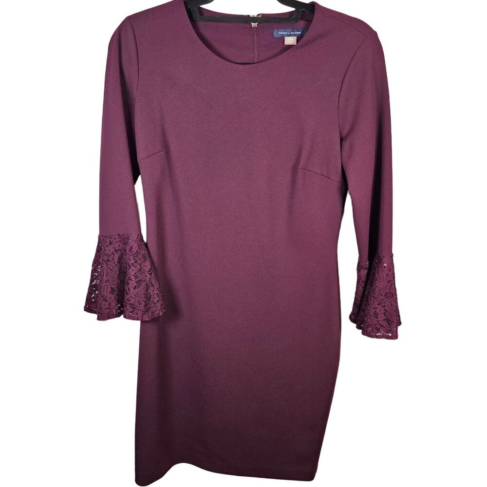 Tommy Hilfiger Elegant Lace Bell Sleeve Sheath Dress Maroon Red Size 4 EUC Jewel